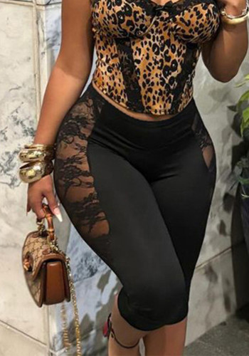 Black Mesh Lace See-Through Solid Cropped Pants