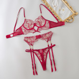Embroidered Sheer Lace Bra & Panty Steel Ring 3-Piece Set