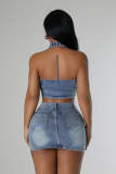 Denim Cross Applique Casual Stretch Denim Top and Skirt Two Piece Set