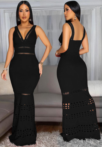 Sexy V-neck Hollow Out Sleeveless Slim Long Dress