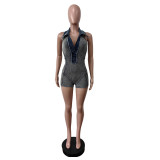 Ribbed Washed Denim Patchwork Sleeveless Halter Low Back Rompers