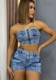Denim Sexy Strapless Top and Cargo Shorts Two-piece Set