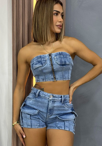 Denim Sexy Strapless Top and Cargo Shorts Two-piece Set