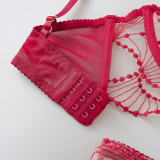 Embroidered Sheer Lace Bra & Panty Steel Ring 3-Piece Set