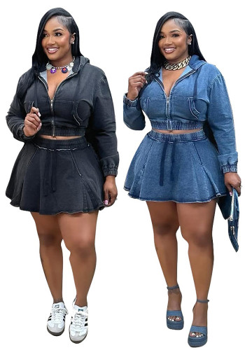 Casual Washed Long Sleeve Top and Denim Skirt 2PCS Set