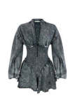 Black Ribbed Sexy Deep-V Long Sleeve Slim Waist Rompers