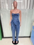 Trendy Strapless Stretch Denim Jumpsuit