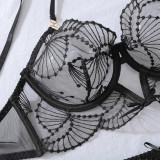 Embroidered Sheer Lace Bra & Panty Steel Ring 3-Piece Set