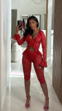 Sexy Solid Hollow See Through Lace Two-Piece Shorts Set