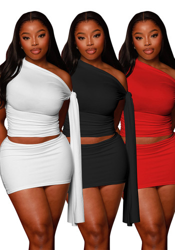 Casual Solid Slash Shoulder Tie Crop top Short Mini Skirt 2PCS Set