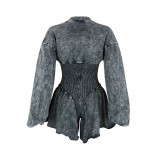 Black Ribbed Sexy Deep-V Long Sleeve Slim Waist Rompers