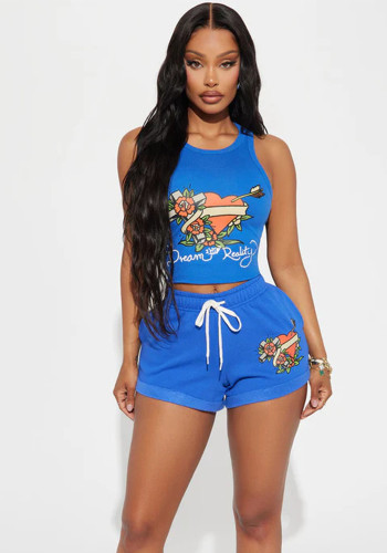 Print Cropped Tank Top and Shorts Casual 2PCS Set