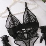 Polka Dot Patchwork Lace Low-Cut Underwired One-Piece Lingerie