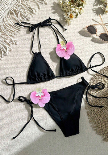 Sexy Bikini Flower Black Two Pieces Swimsuit
