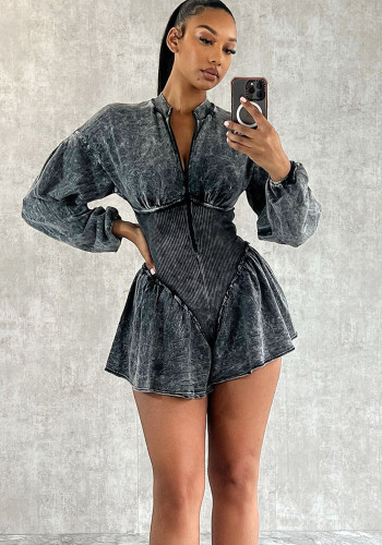 Black Ribbed Sexy Deep-V Long Sleeve Slim Waist Rompers