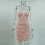 Halter Mesh Fishbone Ruched Bodycon Club Dress