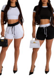 Sports White & Black Short Sleeves Crop Top and Shorts Two-piece Set