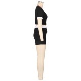 Sports White & Black Short Sleeves Crop Top and Shorts Two-piece Set