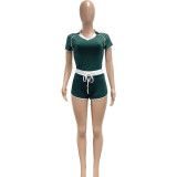 Casual Sports Contrast V-Neck Yoga Two Piece Shorts Set