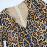 Fashion Leopard Sequin Sexy V-neck Rompers with Belt