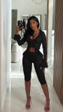 Sexy Solid Hollow See Through Lace Two-Piece Shorts Set