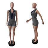 Ribbed Washed Denim Patchwork Sleeveless Halter Low Back Rompers