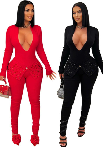 Sexy Solid Rhinestone Long sleeves Deep V-neck Sexy Jumpsuit