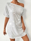 Silver Slash Shoulder Sequin Party Mini Dress