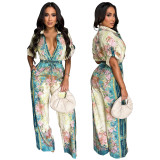 Sexy Button Turn Down Collar Retro Print Short Sleeve Jumpsuit