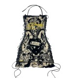 Retro Print Halter Drawstring Lace-up Dress