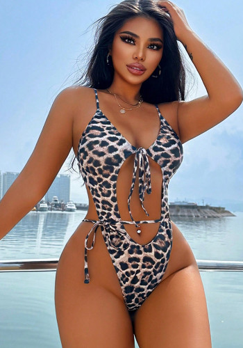 Sexy Leopard Print Lace Hollow Tie Front One-Piece Swimwear