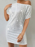Silver Slash Shoulder Sequin Party Mini Dress