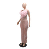 Pink Round Neck V-Back Printed Sleeveless Bodycon Dress