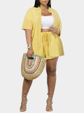 Yellow Casual Short Sleeve Turndown Collar Shirt Elastic Waist 2pcs Shorts Set