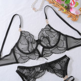 Embroidered Sheer Lace Bra & Panty Steel Ring 3-Piece Set
