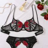 Sexy Floral Embroidery See Through Underwired Garter 3-Piece Lingerie Set