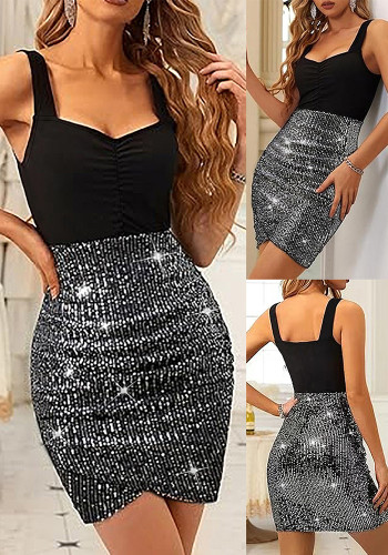 Fashion Sequin Patchwork Straps Bodycon Mini Dress