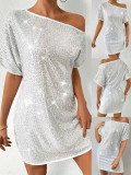 Silver Slash Shoulder Sequin Party Mini Dress