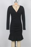 Sexy Black Elegant V-Neck Ruched Ruffle Mini Dress
