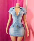 Short Sleeve Slim Stretchy Belted Fashion Denim Dress