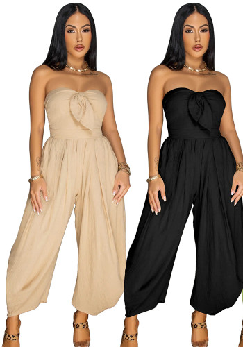 Sexy Strapless Shirred Solid  Loose Jumpsuit