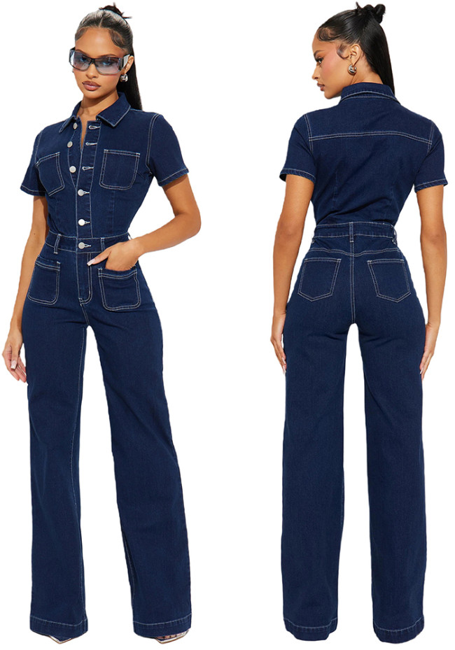 Short Sleeve Denim Pockets Wide-Leg Jumpsuit