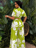 Tropical Print 2PCS Set Shirred Flutter Sleeve Crop Top and Lace-up Wide-leg Pants