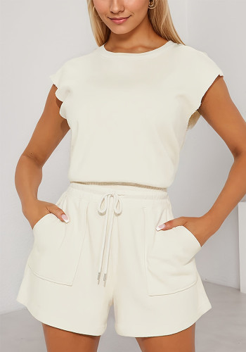 Solid Sleeveless Casual Drawstring Rompers