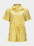 Yellow Casual Short Sleeve Turndown Collar Shirt Elastic Waist 2pcs Shorts Set