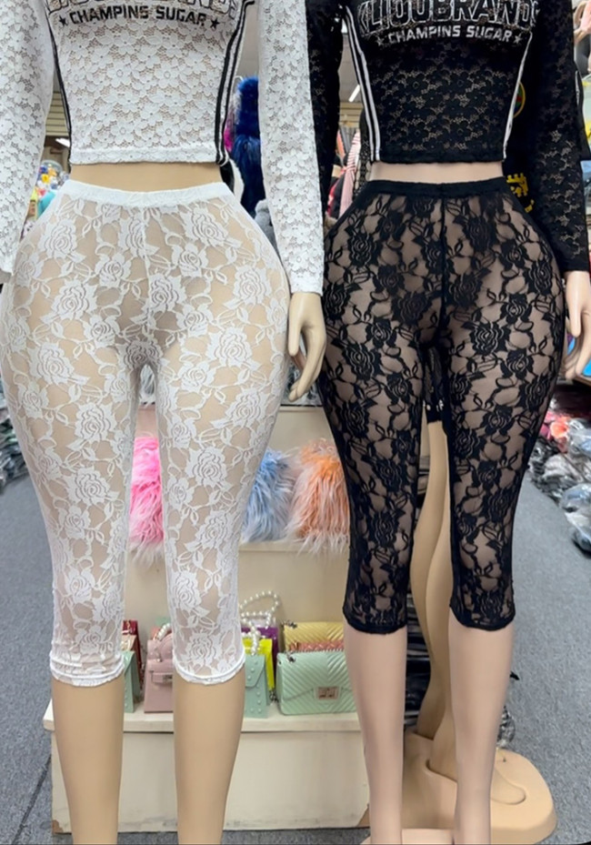 See Through Rose Lace Basic Solid Cropped Pants
