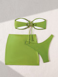 Green Strapless Lace-Up Metal Trim Sexy Bikini Three Piece Swimwear