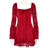 Sexy Lace Overlay Bell Sleeve Long-Sleeve Low Back Bodycon Short Dress
