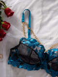 Sheer Embroidered Mesh Chain Underwired Garter 3-Piece Lingerie Set