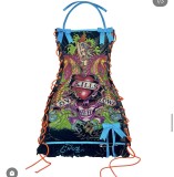 Retro Print Halter Drawstring Lace-up Dress
